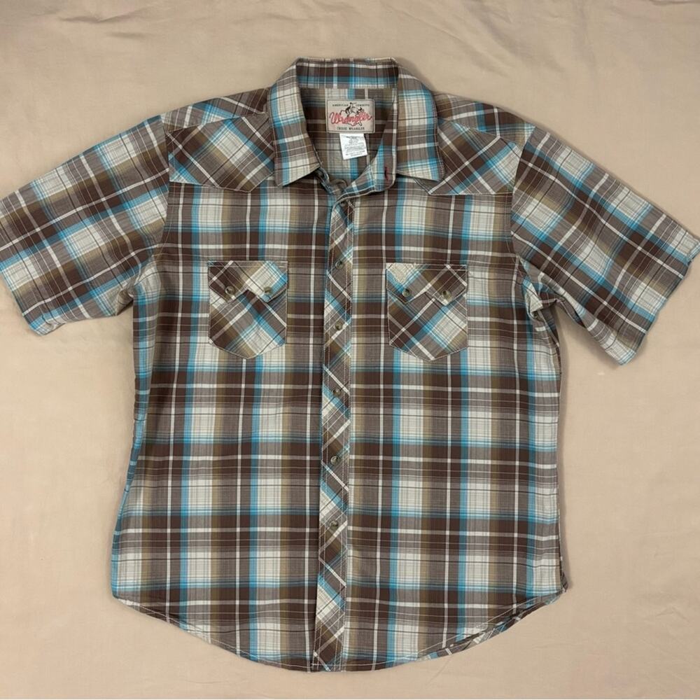 Wrangler Men's Blue and Brown Short Sleeve Plaid Button Down Shirt Size Large